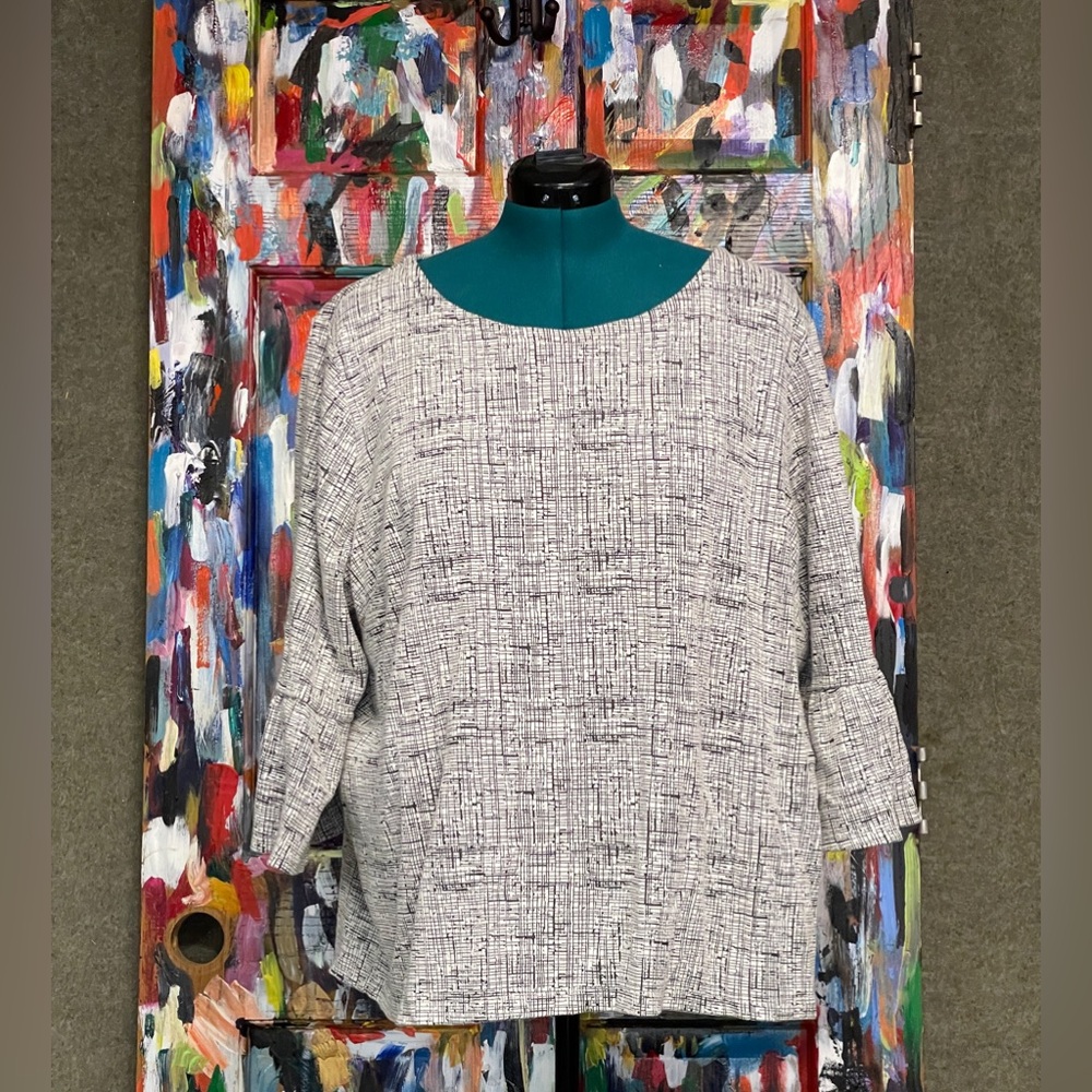 Talbots gray bell sleeve knit top cotton/poly abstract print 3/4 sleeve 3X